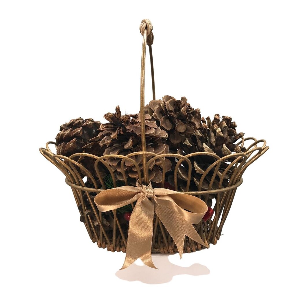 Vintage Wire Basket Filled with Pine Cones, Autumn Decor, Rustic Fall Beauty for
